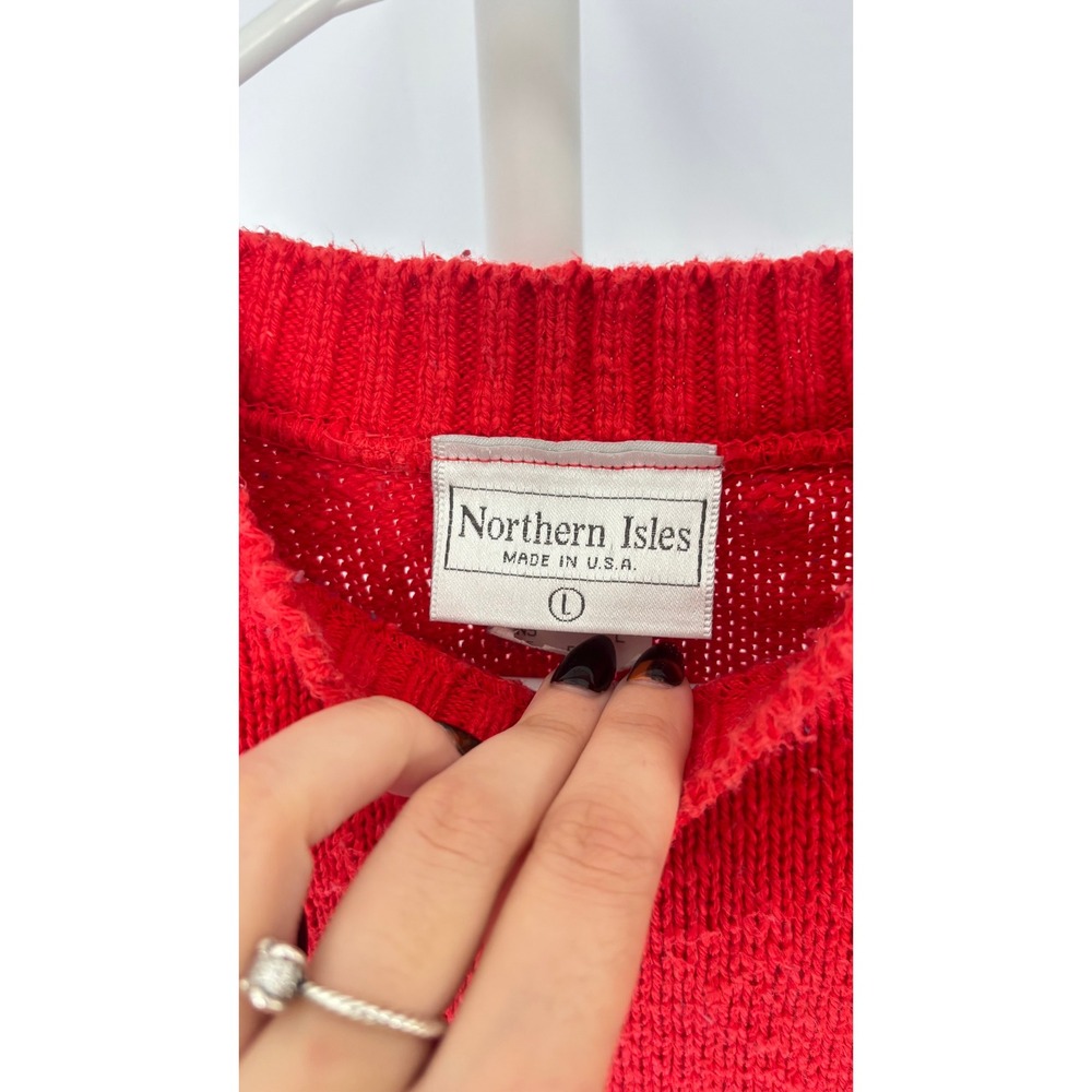 Mens‎ Vintage Northern Isles Red Cotton Knit Sweater Size L Made in USA - Picture 3 of 7